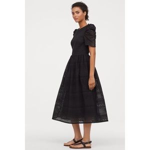 NWT Black Puffed-Sleeve Eyelet Midi Dress